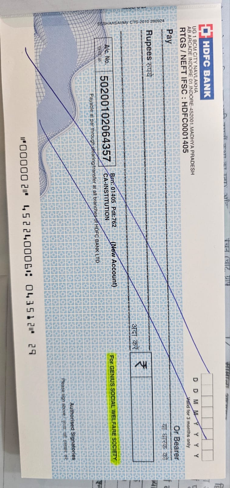 Cancelled cheque for bank transfer